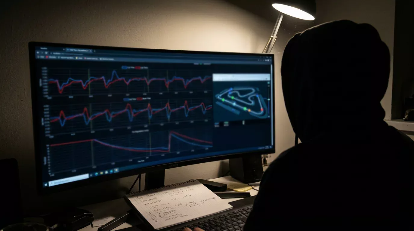 Pessoa a analisar dados de telemetria de Fórmula 1 num monitor com gráficos de desempenho