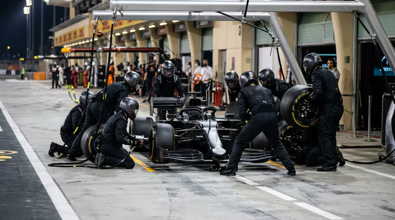 Vista da pit lane de Fórmula 1 durante uma paragem com mecânicos a trabalhar no carro